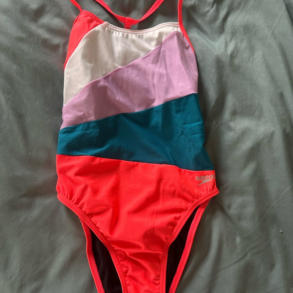 Speedo Colorblock Swimsuit - Red, Pink, Teal, White, size 34